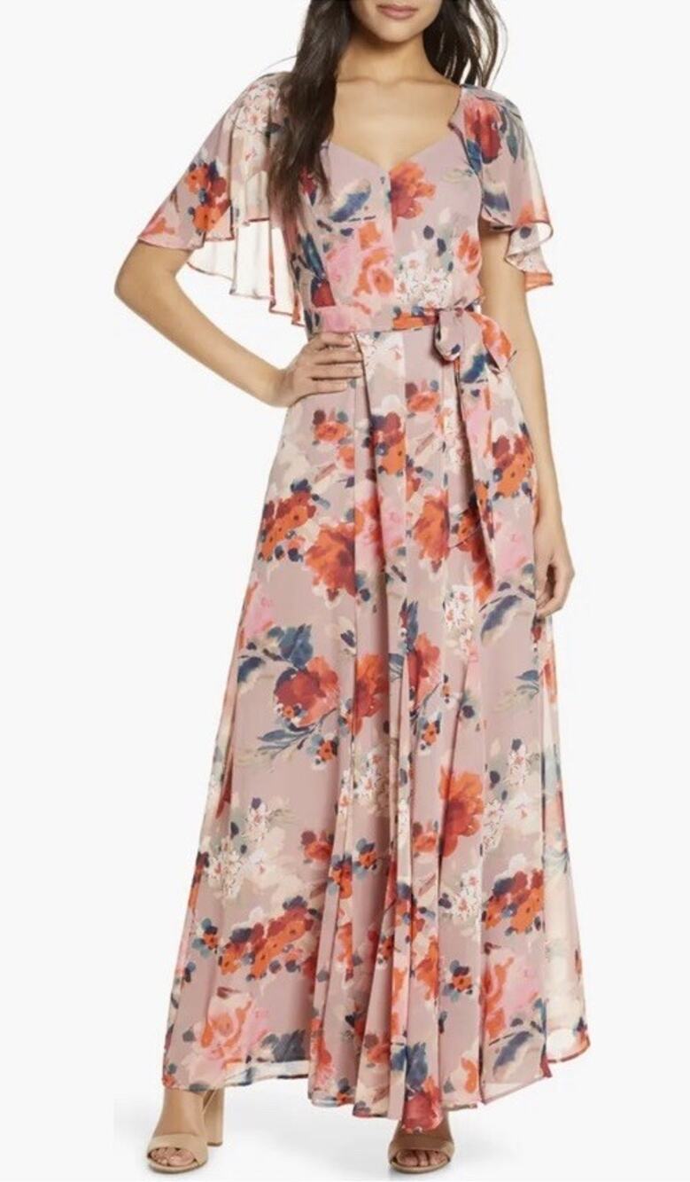 NWT Eliza J Dusky Pink Floral Maxi Dress V Neck Flutter Belted Romantic Size 10